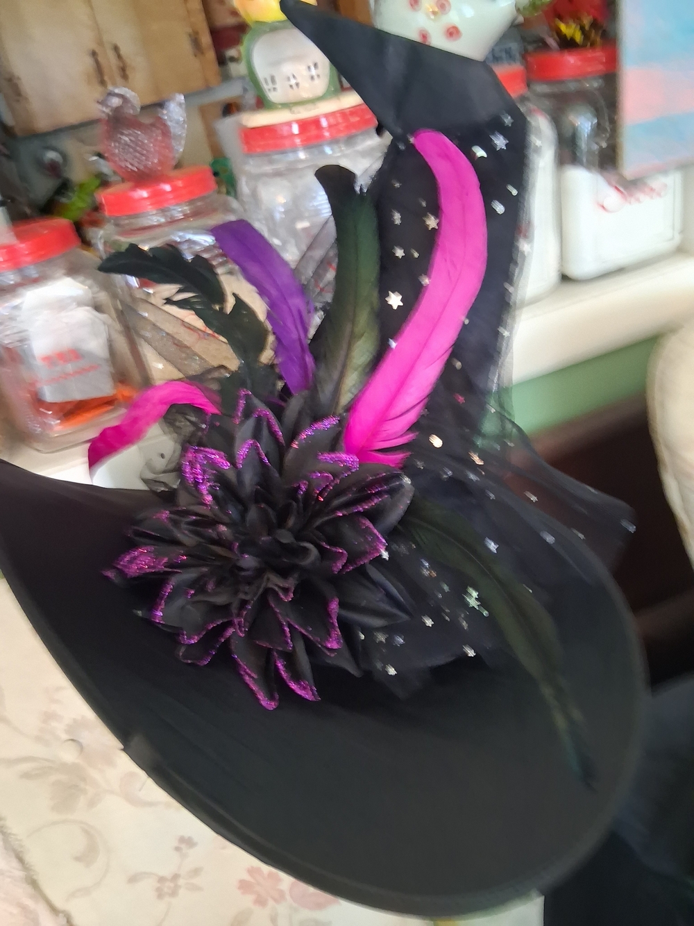 Black Witch Hat Headpiece with Pink and Purple Feathers